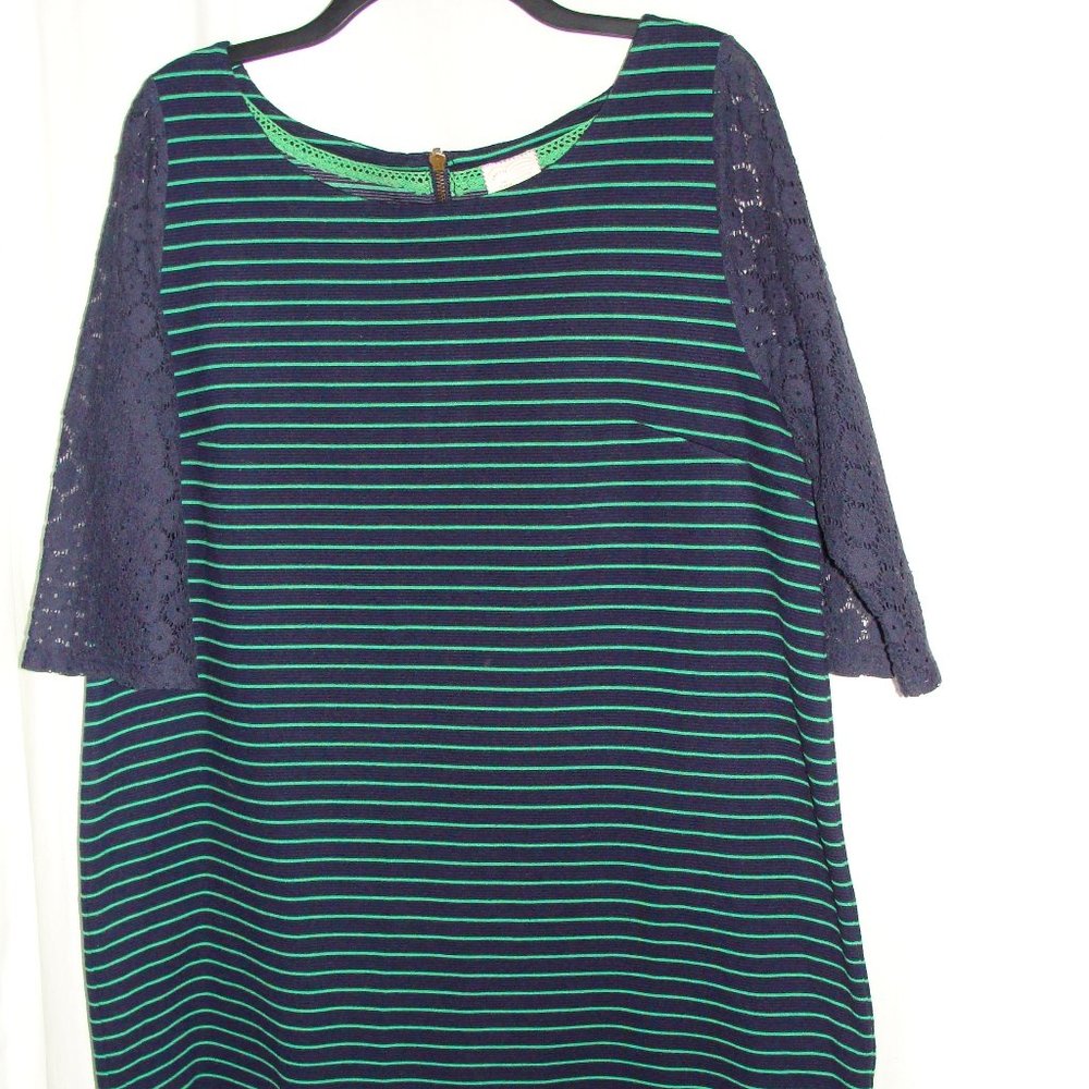 9-H15 STCL (Anthropologie) Navy & Green STRIPE SHEATH Dress Sz X-LARGE (XL)